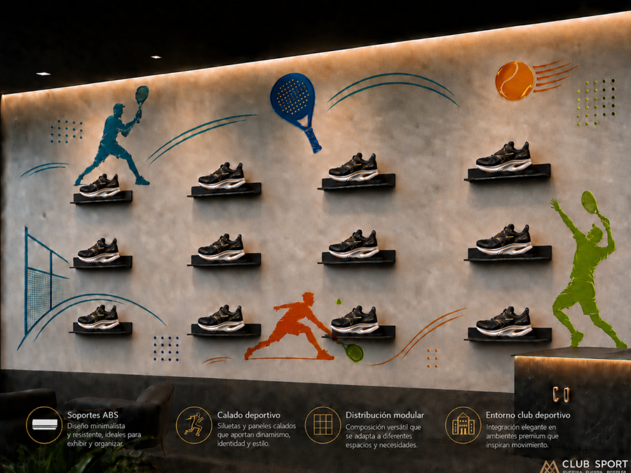 estante mural para calzado deportivo Shelf2000, fabricado en ABS y dise&ntilde;ado para exponer zapatillas en tiendas, zapater&iacute;as y showrooms.